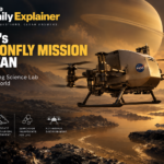 Artist's illustration of the Dragonfly octocopter flying over the orange, hazy surface of Titan, with dunes and a crater visible below.