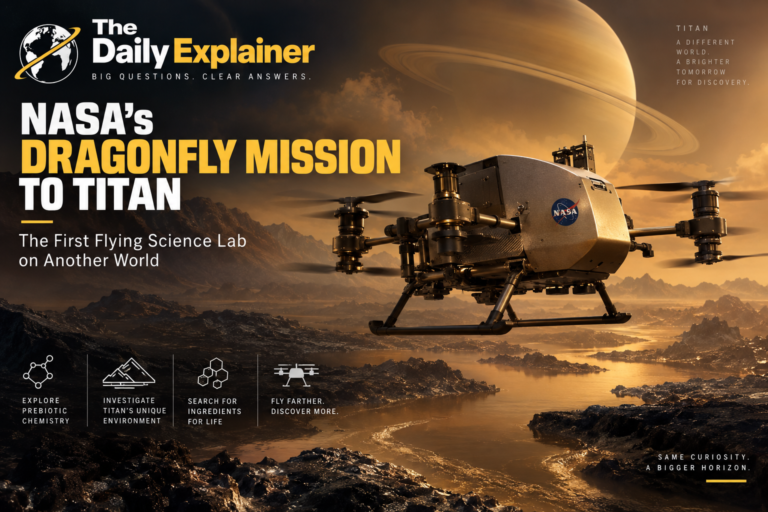 Artist's illustration of the Dragonfly octocopter flying over the orange, hazy surface of Titan, with dunes and a crater visible below.