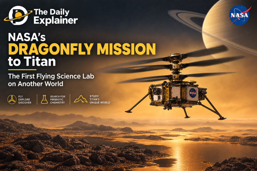 Artist's illustration of the Dragonfly octocopter flying over the orange, hazy surface of Titan, with dunes and a crater visible below.