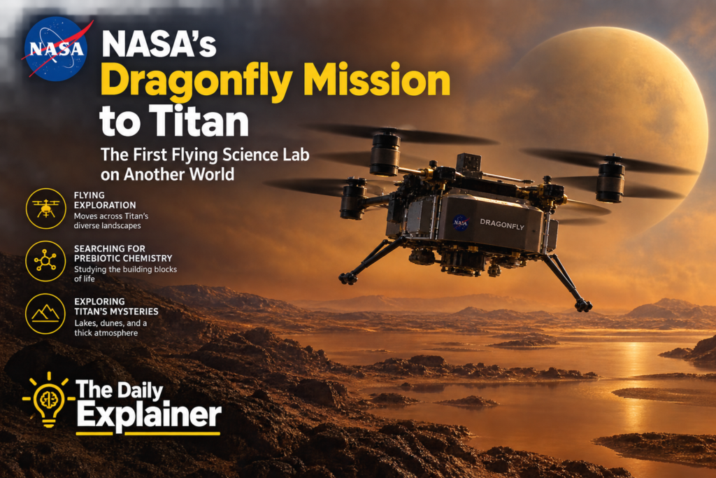 Artist's illustration of the Dragonfly octocopter flying over the orange, hazy surface of Titan, with dunes and a crater visible below.